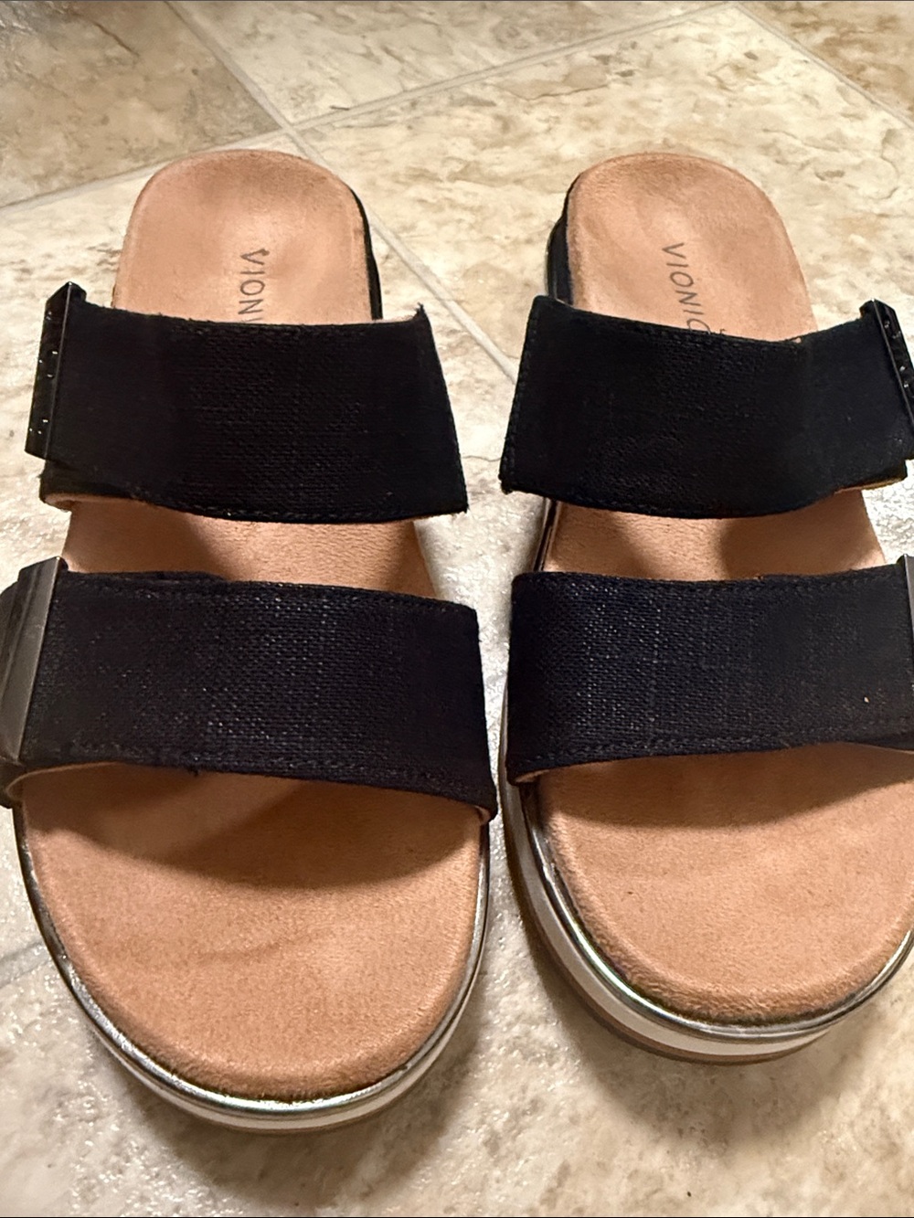 Vionic Black Dual-Strap Slide Sandals with Tan Footbed - Picture 2 of 5